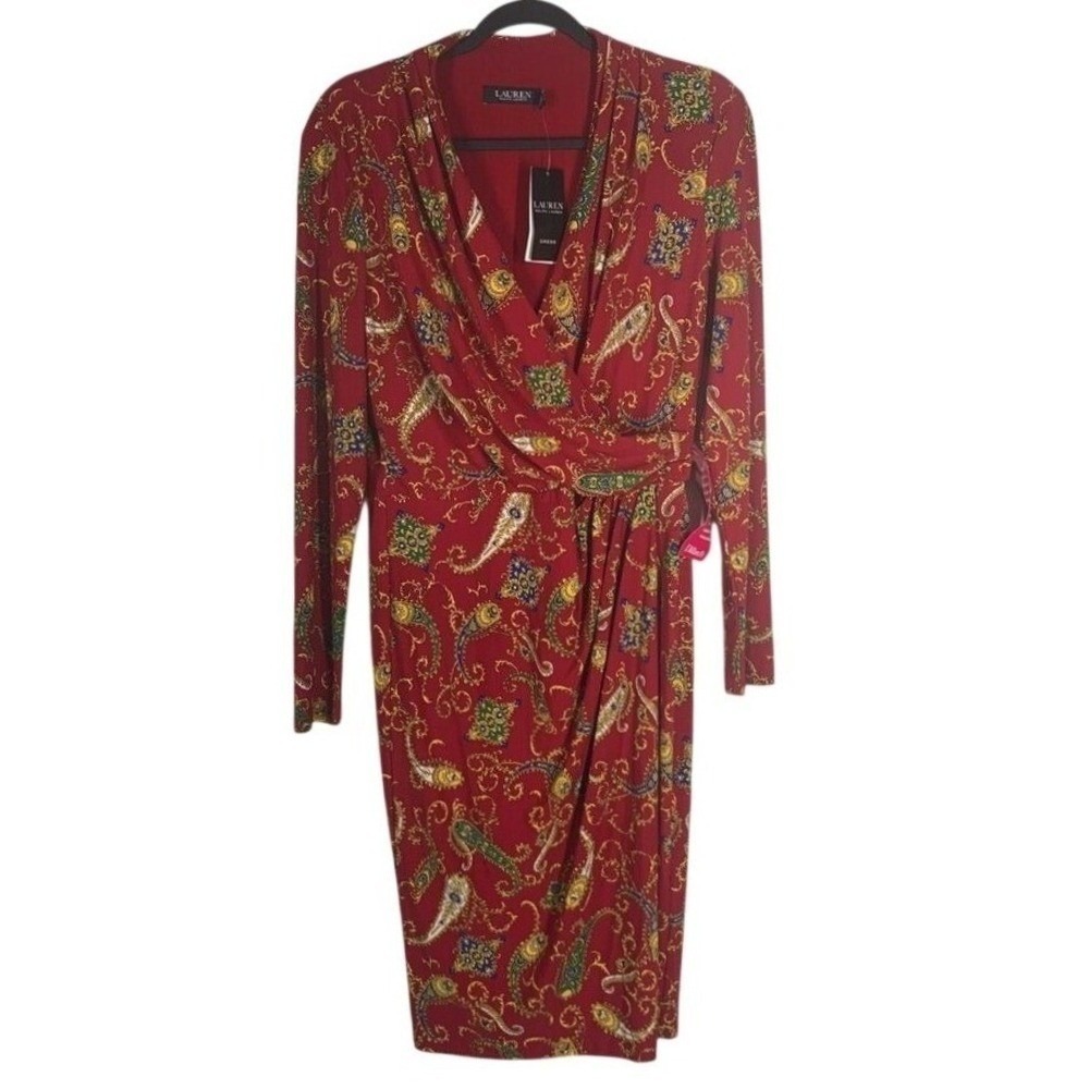 Lauren Ralph Lauren‎ Wrap Dress 8 Paisley Print Long Sleeve Knee Length Classic